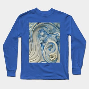 Swirly Flowing Ivory And Cobalt Curlicues Long Sleeve T-Shirt